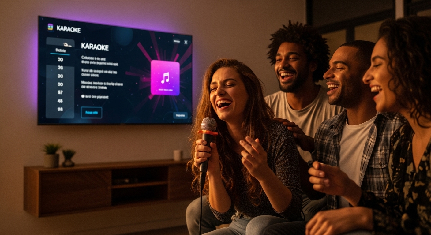 Pessoas se divertindo com o sistema de karaokê profissional em casa.